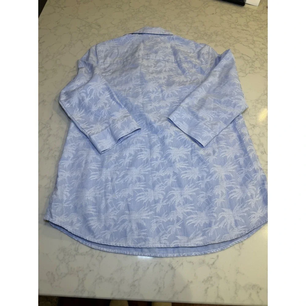 Chicos Blue White Striped Palm Print Cotton Blouse Chicos Sz 0 Small/4